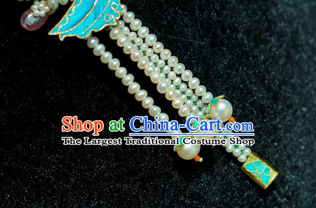 China Ancient Empress Hairpin Traditional Court Jade Hair Jewelry Qing Dynasty Pearls Tassel Hair Clasp