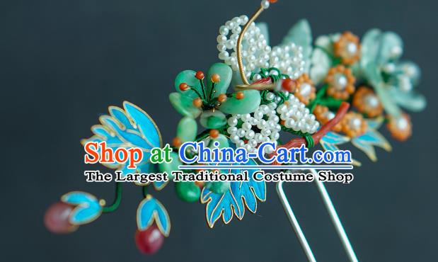 China Ancient Empress Jadeite Plum Blossom Hairpin Traditional Court Hair Jewelry Qing Dynasty Pearls Hair Stick