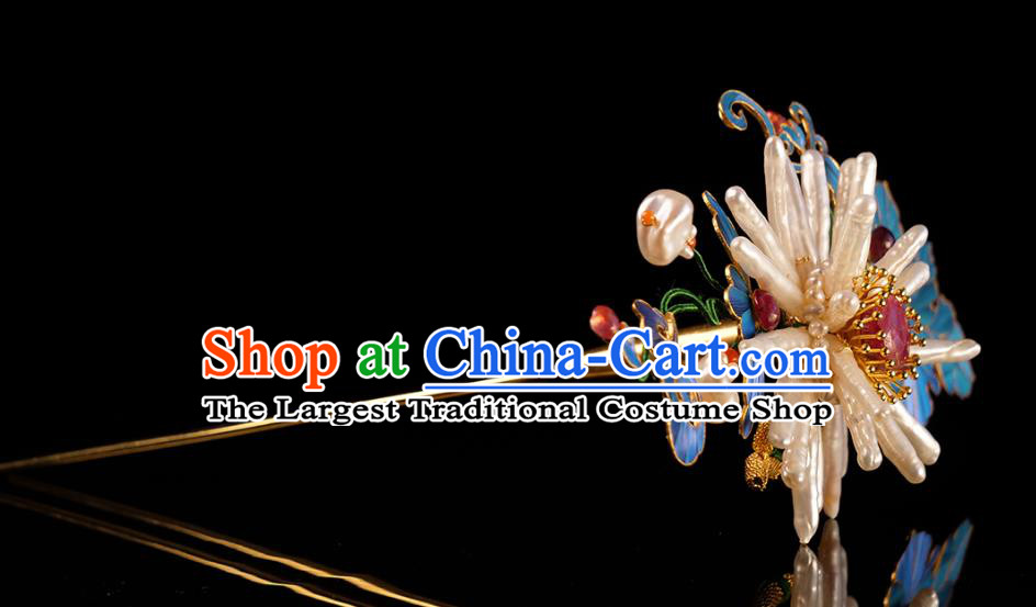 China Ancient Empress Blueing Hairpin Traditional Court Ruby Hair Jewelry Qing Dynasty Pearls Chrysanthemum Hair Stick