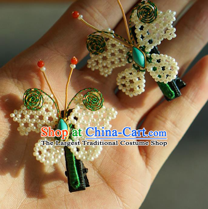 China Ancient Empress Pearls Butterfly Hairpin Traditional Court Ruby Hair Jewelry Qing Dynasty Kallaite Hair Claw
