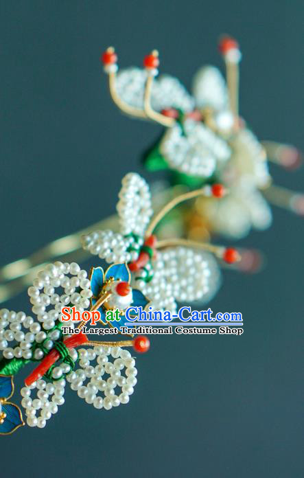 China Qing Dynasty Pearls Butterfly Hair Stick Traditional Court Hair Jewelry Ancient Empress Agate Hairpin
