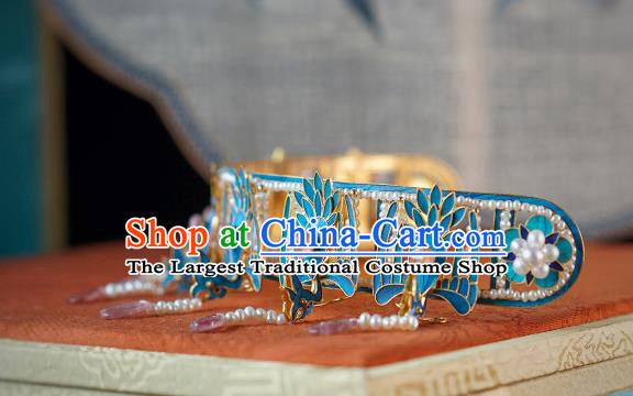 China Ming Dynasty Queen Pearls Tassel Hair Crown Traditional Court Hair Jewelry Ancient Empress Tourmaline Phoenix Coronet