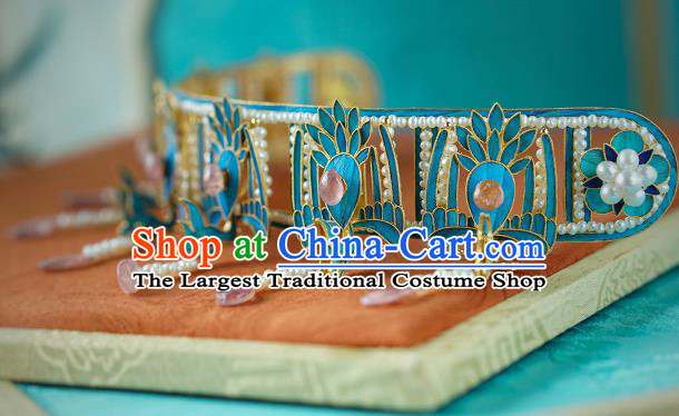China Ming Dynasty Queen Pearls Tassel Hair Crown Traditional Court Hair Jewelry Ancient Empress Tourmaline Phoenix Coronet