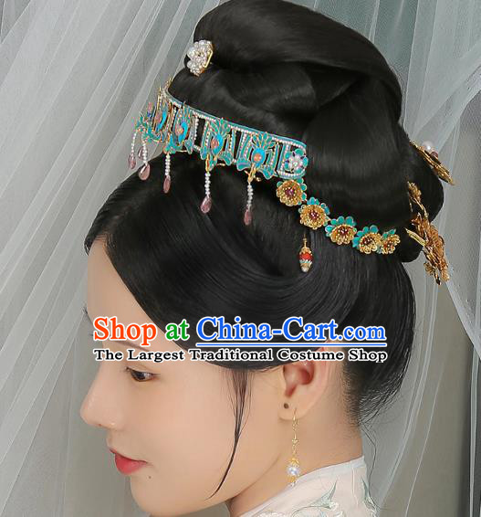 China Ming Dynasty Queen Pearls Tassel Hair Crown Traditional Court Hair Jewelry Ancient Empress Tourmaline Phoenix Coronet