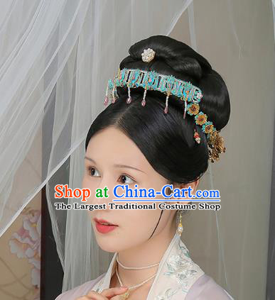China Ming Dynasty Queen Pearls Tassel Hair Crown Traditional Court Hair Jewelry Ancient Empress Tourmaline Phoenix Coronet