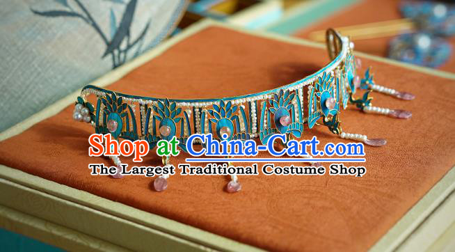 China Ming Dynasty Queen Pearls Tassel Hair Crown Traditional Court Hair Jewelry Ancient Empress Tourmaline Phoenix Coronet