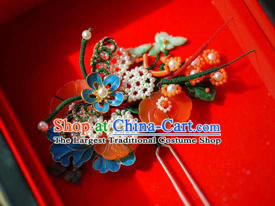 China Qing Dynasty Queen Agate Plum Blossom Hair Stick Traditional Court Hair Jewelry Ancient Empress Pearls Hairpin