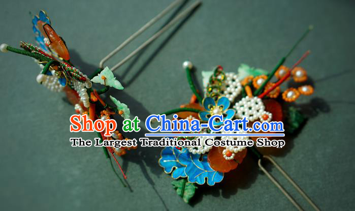 China Qing Dynasty Queen Agate Plum Blossom Hair Stick Traditional Court Hair Jewelry Ancient Empress Pearls Hairpin