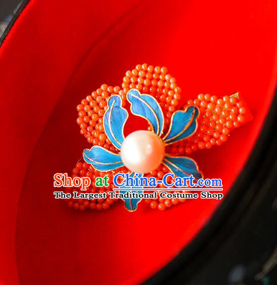 China Qing Dynasty Pearl Hair Crown Traditional Court Hair Jewelry Ancient Empress Red Beads Peony Hairpin