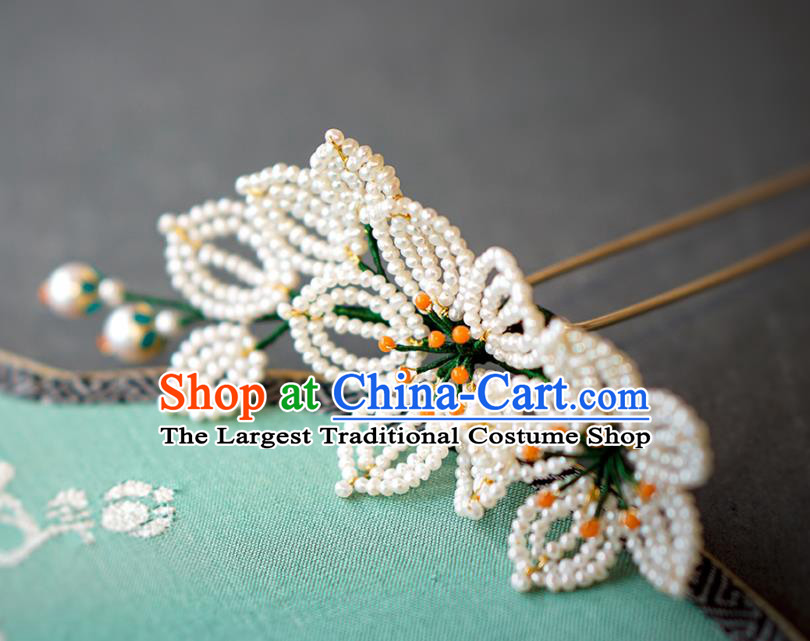 China Ming Dynasty Pearls Pear Blossom Hair Stick Traditional Court Hair Jewelry Ancient Empress Hairpin