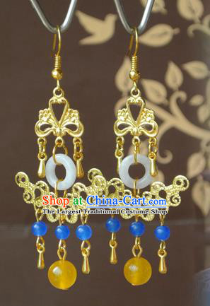 Chinese Tang Dynasty Empress Jade Ear Accessories Ancient Queen Wu Meiniang Golden Earrings