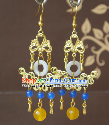 Chinese Tang Dynasty Empress Jade Ear Accessories Ancient Queen Wu Meiniang Golden Earrings