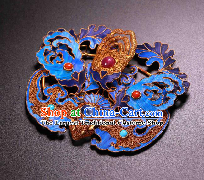 China Ancient Qing Dynasty Court Empress Gems Hairpin Traditional Handmade Filigree Bat Hair Crown
