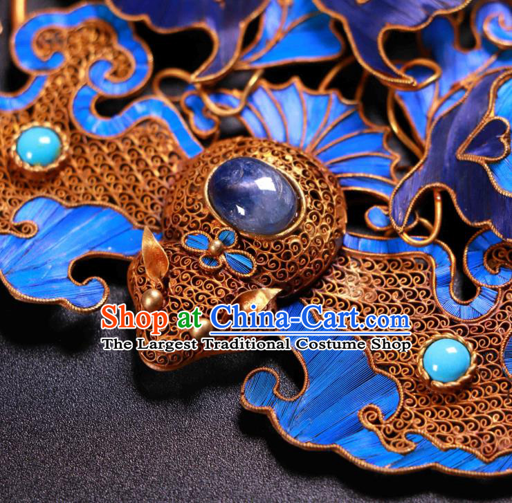 China Ancient Qing Dynasty Court Empress Gems Hairpin Traditional Handmade Filigree Bat Hair Crown