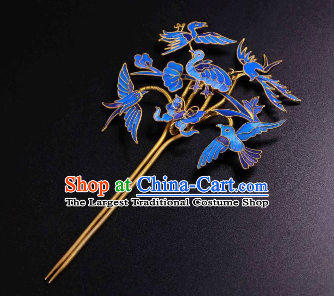 China Handmade Blueing Birds Hair Stick Ancient Qing Dynasty Imperial Consort Hairpin