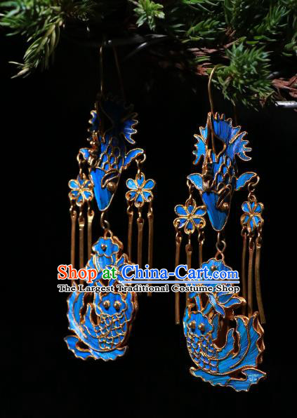 Chinese Classical Cheongsam Earrings Jewelry Ancient Qing Dynasty Blueing Lotus Fish Ear Accessories
