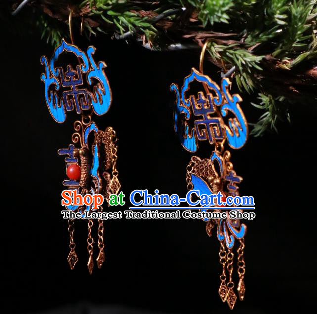 Chinese Classical Wedding Cheongsam Earrings Jewelry Ancient Qing Dynasty Blueing Butterfly Ear Accessories