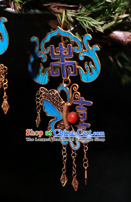Chinese Classical Wedding Cheongsam Earrings Jewelry Ancient Qing Dynasty Blueing Butterfly Ear Accessories