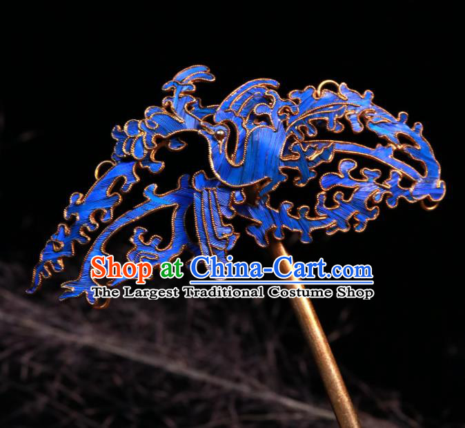 China Handmade Qing Dynasty Court Hairpin Ancient Imperial Consort Blueing Phoenix Hair Stick
