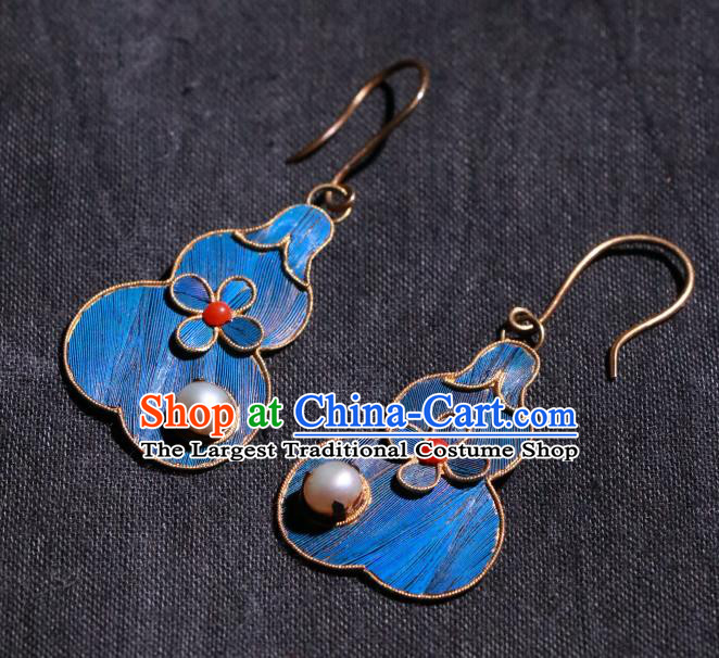 Chinese Ancient Palace Blueing Gourd Ear Accessories Qing Dynasty Earrings Classical Pearl Jewelry