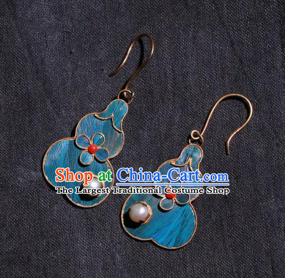 Chinese Ancient Palace Blueing Gourd Ear Accessories Qing Dynasty Earrings Classical Pearl Jewelry