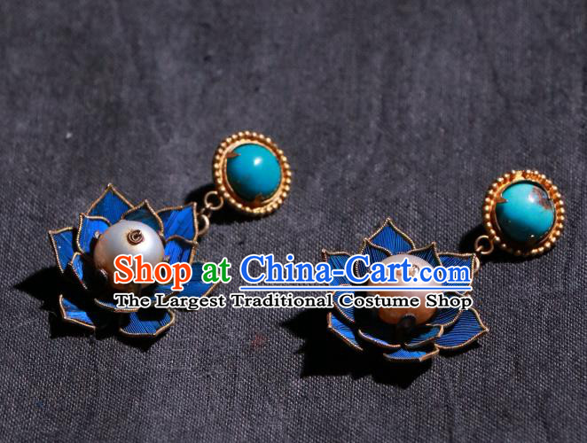 Chinese Classical Pearl Jewelry Qing Dynasty Earrings Ancient Palace Lady Blueing Lotus Ear Accessories