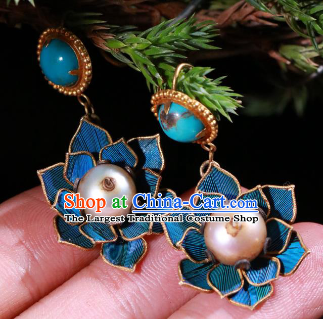 Chinese Classical Pearl Jewelry Qing Dynasty Earrings Ancient Palace Lady Blueing Lotus Ear Accessories