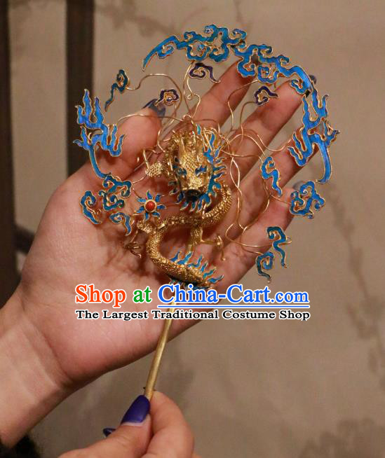 China Handmade Qing Dynasty Blueing Cloud Hairpin Ancient Imperial Consort Filigree Dragon Hair Stick