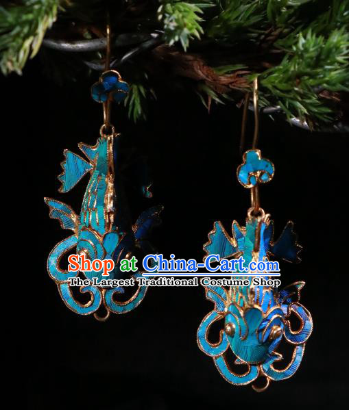 Chinese Classical Cloisonne Fish Jewelry Ear Accessories Ancient Qing Dynasty Empress Earrings