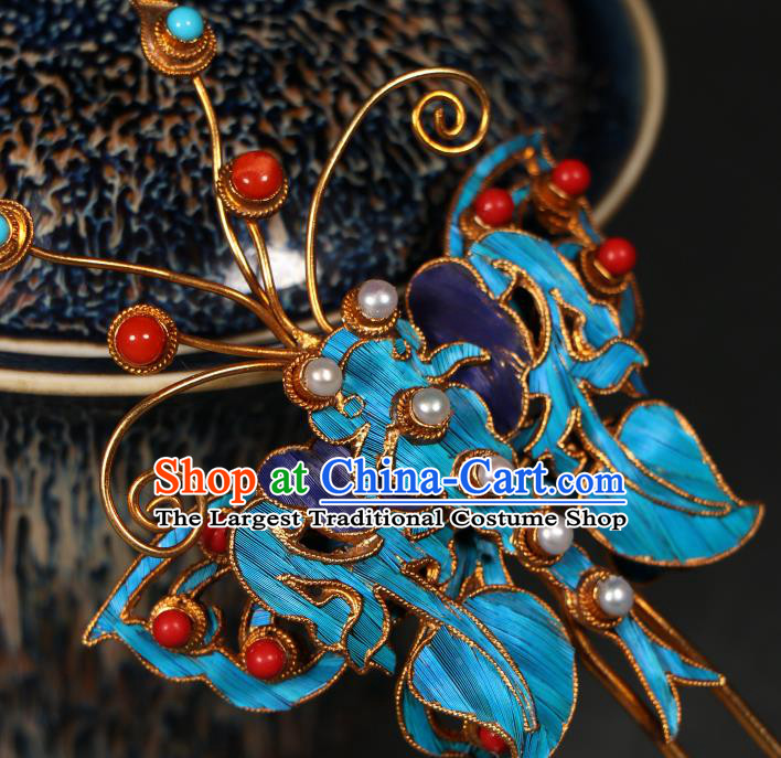 China Handmade Cloisonne Hair Accessories Qing Dynasty Pearls Hairpin Ancient Empress Butterfly Hair Stick