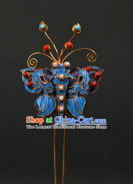 China Handmade Cloisonne Hair Accessories Qing Dynasty Pearls Hairpin Ancient Empress Butterfly Hair Stick