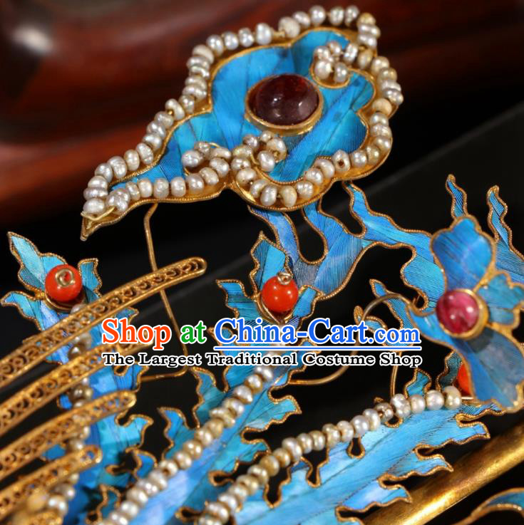 China Ancient Empress Filigree Phoenix Hair Crown Traditional Hair Jewelry Handmade Qing Dynasty Queen Pearls Tassel Hairpin