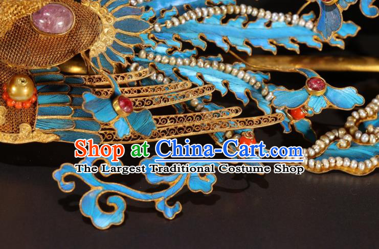 China Ancient Empress Filigree Phoenix Hair Crown Traditional Hair Jewelry Handmade Qing Dynasty Queen Pearls Tassel Hairpin