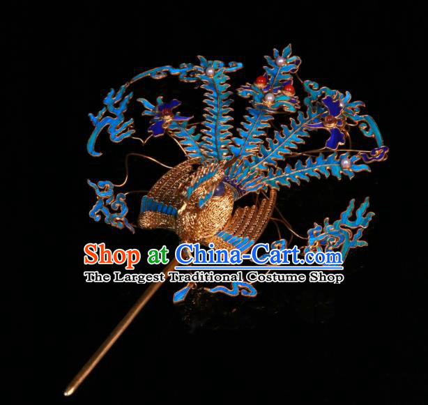 China Ancient Imperial Empress Filigree Phoenix Hair Stick Handmade Qing Dynasty Blueing Sapphire Hairpin