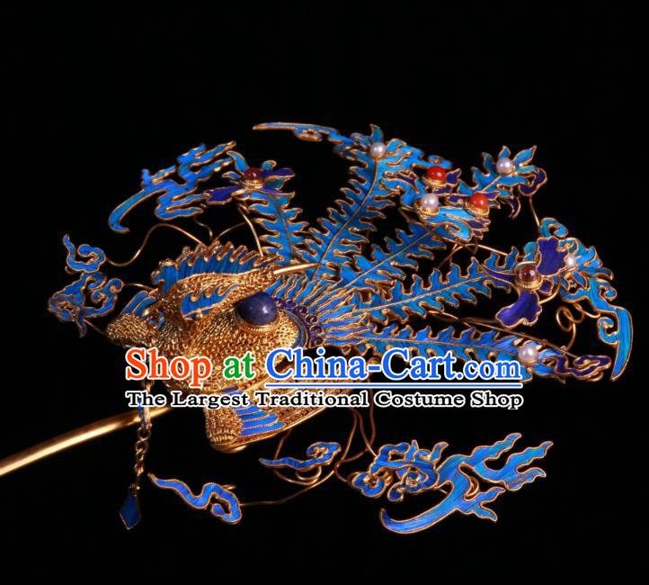 China Ancient Imperial Empress Filigree Phoenix Hair Stick Handmade Qing Dynasty Blueing Sapphire Hairpin