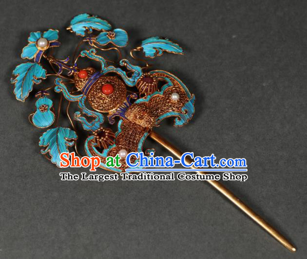 China Handmade Qing Dynasty Queen Gems Hairpin Ancient Empress Filigree Bat Gourd Hair Stick Traditional Hair Jewelry