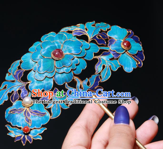 China Traditional Garnet Hair Jewelry Qing Dynasty Empress Hairpin Ancient Court Cloisonne Peony Hair Stick