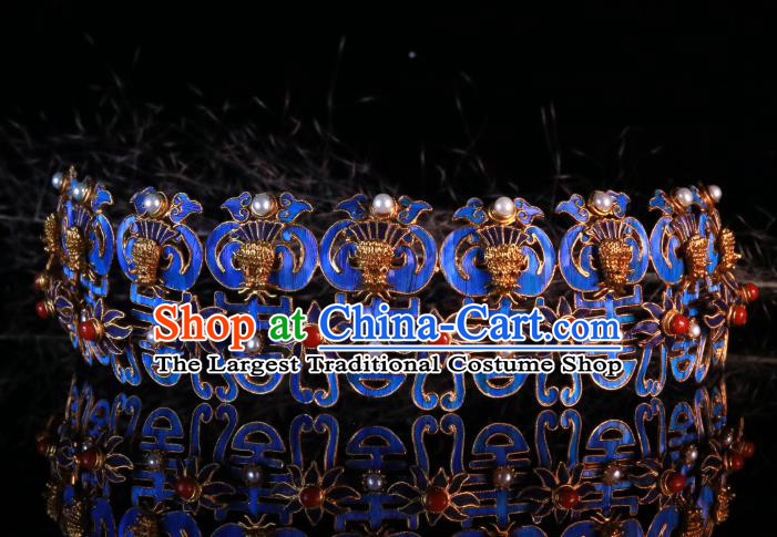 China Handmade Ming Dynasty Queen Pearls Hairpin Ancient Imperial Empress Blueing Phoenix Hair Crown