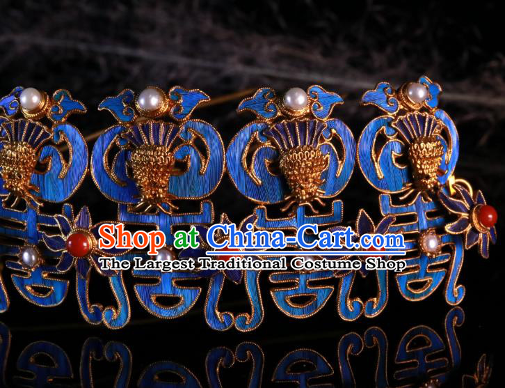 China Handmade Ming Dynasty Queen Pearls Hairpin Ancient Imperial Empress Blueing Phoenix Hair Crown