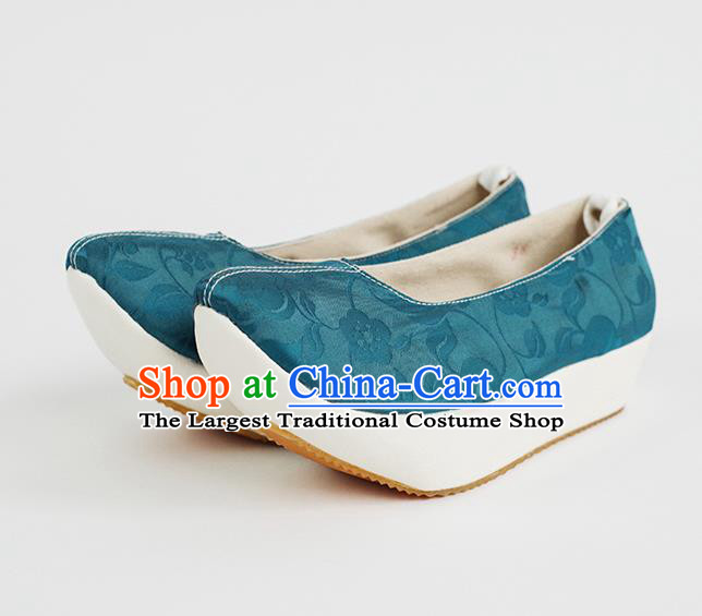 Handmade Chinese Platform Shoes Ancient Song Dynasty Princess Shoes Traditional Hanfu Blue Silk Shoes