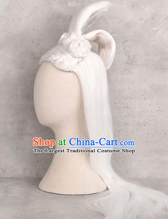 Handmade Chinese Ancient Female Swordsman White Wig Sheath Traditional Warring States Period Princess Rong Le Wigs Chignon