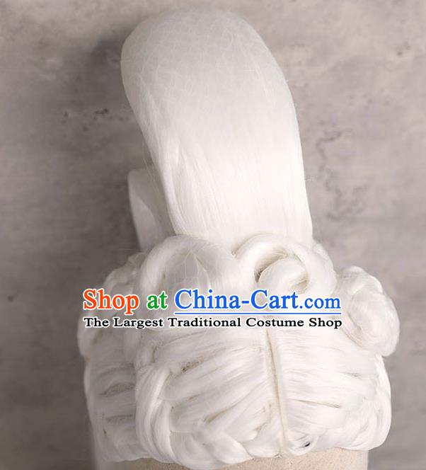 Handmade Chinese Ancient Female Swordsman White Wig Sheath Traditional Warring States Period Princess Rong Le Wigs Chignon