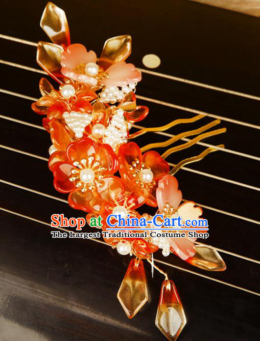 China Ming Dynasty Princess Hair Comb Traditional Ancient Young Lady Red Flowers Hairpin Hair Jewelry