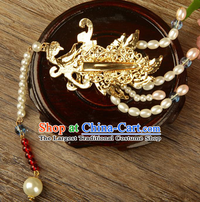 China Qing Dynasty Empress Pearls Hair Stick Traditional Ancient Court Lady Hair Jewelry Phoenix Tassel Hairpin