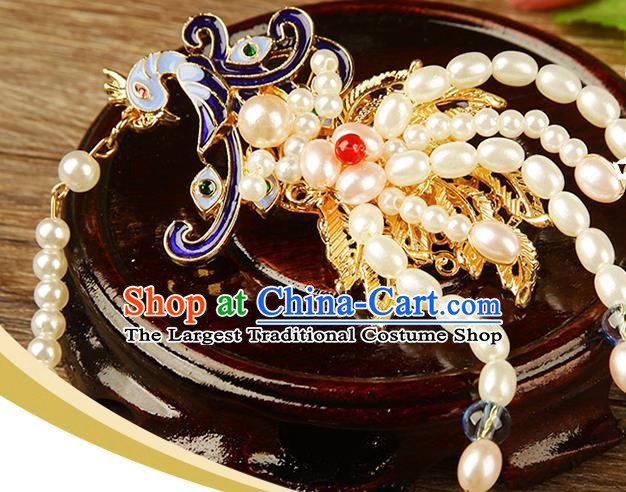 China Qing Dynasty Empress Pearls Hair Stick Traditional Ancient Court Lady Hair Jewelry Phoenix Tassel Hairpin