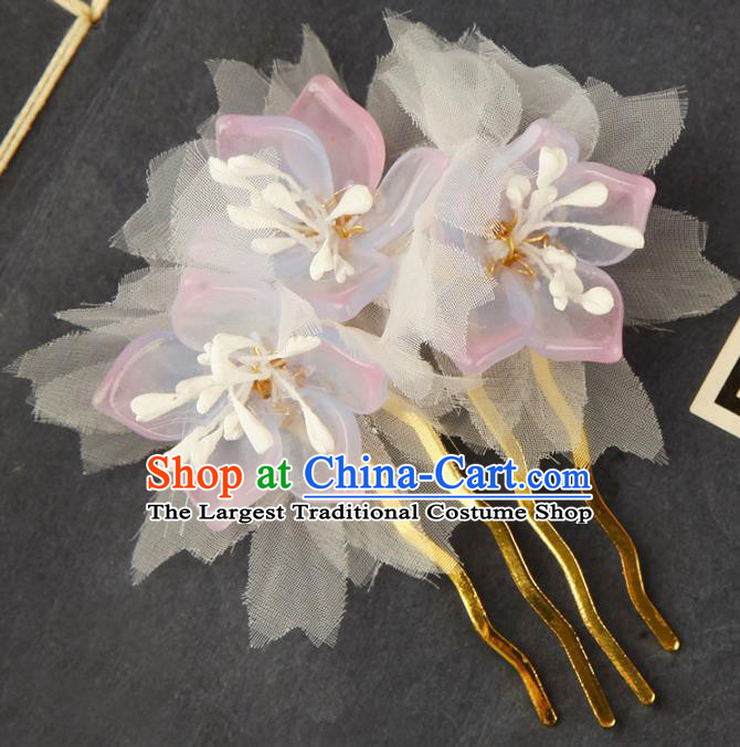 China Ming Dynasty Young Lady Hair Comb Traditional Ancient Court Hair Jewelry Pink Peach Blossom Hairpin