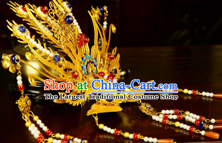 China Traditional Ancient Queen Hair Jewelry Tassel Phoenix Hairpin Ming Dynasty Empress Golden Hair Crown