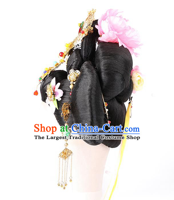 Chinese Ancient Court Woman Wig Sheath Traditional Tang Dynasty Imperial Consort Yang Wigs Chignon and Hair Accessories