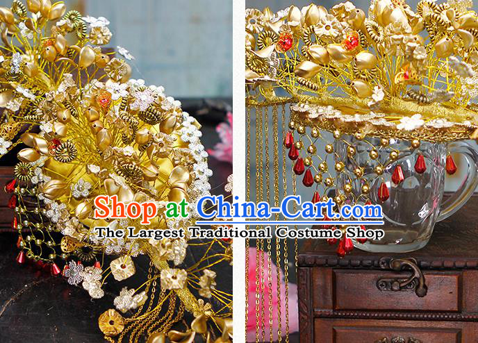 China Traditional Wedding Hair Accessories Ancient Bride Golden Phoenix Coronet Headpieces