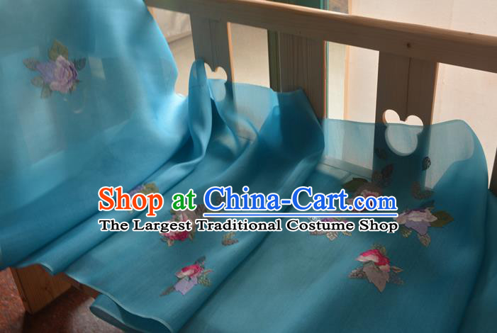 Chinese Embroidered Peony Blue Silk Traditional Hanfu Silk Fabric